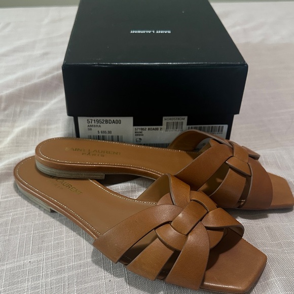 Saint Laurent Tribute Tan Leather Slide Sandals - Picture 1 of 3
